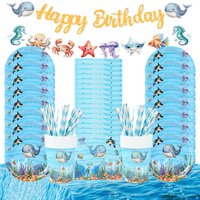 Ocean Theme Party Tableware Set Under the Sea Disposable Dinnerware Blue Sea World Whale Plate Cup Napkin for Birthday Decor