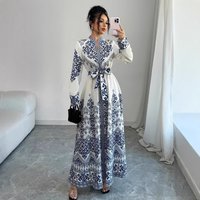 Eid Women Print Dress Abaya Muslim Jalabiya Ramadan Vestidos Largos Lace-up Party Dresses Arab Long Robe Morocco Dubai Kaftan
