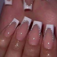24Pcs 3D Glitter Silver Line Edge Fake Nail Long Square Press on Nails Pink French Reusable & Wearable Nail Tips for Daily Life*