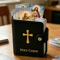Catholic Leather Holy Card Holder,Card Collection Book,Large Capacity Card Organiser With Snaps Closure Include Prayer Cards
