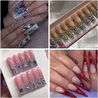 Handmade Customized XXL Extra Long Coffin Stiletto Press On Nails Glittery Bling Rhinestone False Nail Reusable Fake Nail Party