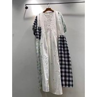 2026 Mori kei clothing Japanese style pure cotton print plaid patchwork dress for women summer vintage loose long dress