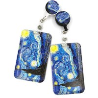 Art Van gogh Oil Painting Starry Sky ID Retractable Badge Holder Reel ID Badge Holder Clip Key Ring ID Card Keychain Nurse Work