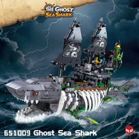 1155PCS Shark Pirate Ship Building Blocks Creative Sea Shark Ghost Ship Model Bricks With Light Educational Toy Gifts For Adult