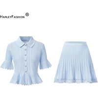 Lady Solid Hollow Out Ruffles Suit Turn-down Collar Short Sleeve Single-breasted Cardigan A-line Mini Skirt Women Knit 2pcs