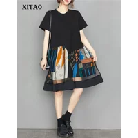 XITAO Patchwork Gauze Casual Dress Personality Print Women 2023 Summer New Arrival Loose O-neck Short Sleeve Dress DMJ1457