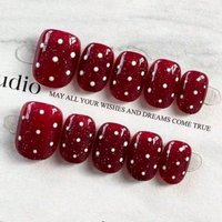10pcs pure manual pressing bean nail art, beautiful fake nails, wine red polka dot nail art, suitable for women to use