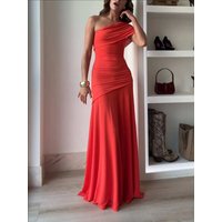 Casual Asymmetrical Dress Summer Slanted Collar High Waist Pleats Long Dress Lady Elegant One Shoulder Sleeve Slim Banquet Dress