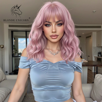 Pink Short Wavy Synthetic Wig with Full Bangs for Women Heat Resistant Natural Look Hair for Daily Party and Cosplay Use