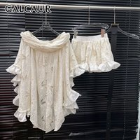 GALCAUR Slimming Spliced Hollow Out Two Piece Sets for Women Round Neck Short Sleeves Patchwork Elastic Waist Skirt Set Female
