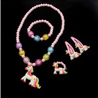 Kids Unicorn Jewelry Set Imitation Pearls Beaded Necklace Bracelet Ring And Hair Clips - Little Princess Dress-Up Accessory Gift