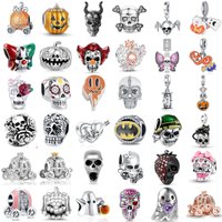 Halloween Charms Beads, 925 Silver Skull Pumpkin Ghost Bat Pendants Fit Original Women DIY Jewelry Making