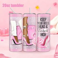1pc 20oz straw water bottle, insulated stainless steel water cup with pink high heels and handbag pattern.