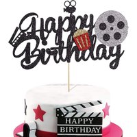 Glitter Happy Birthday Movie Cake Toppers Camera Cake Toppers Video Recorder Popcorn Family Movie Night Themed Party Supplies