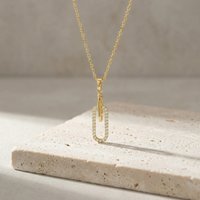 Pave Zirconia Geometric Paperclip Pendant Necklace For Women, Tarnish Free 316L Stainless Steel Fashion Jewelry