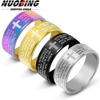 Bible Prayer Jesus Cross Men Stainless Steel Ring Christian Women Retro Talisman Jewelry Gift