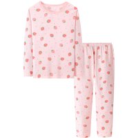 2Pcs Girls Home Underwear Set Cute Strawberry Print Round Neck Long Sleeve Trousers Comfy 100% Cotton Pajamas Set
