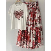 Retro geometric printed knitted short sleeved T-shirt two-piece set for 2026 summer women's clothing+loose skirt fashion set