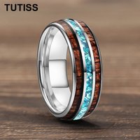 TUTISS 6/8mm Tungsten Carbide Ring Inlaid Hawaiian Koa Wood Tungsten Rings Sky Blue Crystal Stone Wedding Band Comfortable Fit