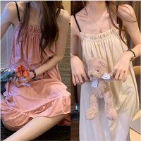 Girl Korean Chic Healing Princess Style Ruffled Simple Sweet Pajamas Women Summer Autumn Sling Mid-Length Nightgown Homewear