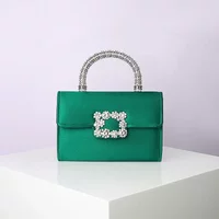 Rhinestone Faux Silk Emerald Evening Bag Silver Diamond Buckle Handle Fashion Handbags Elegant Ladies Square Bolsa Feminina