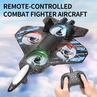 2.4G remote-controlled foam fighter plane with stunt flips, hover capabilities, and colored lights.