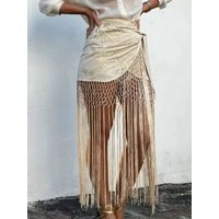 Embroidered Tassel Hem Skirt Elegant Women's Lace Up Mesh Hollow Out Short Skilt 2026 Summer New Chic Female Beach Holiday NT8W