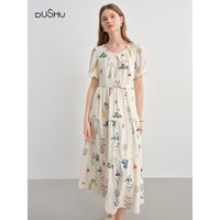 DUSHU Plus-Size Women's Botanical French Elegance Dress - 2025 Summer Fashion Flattering Waist Floral Dresses 25DS82846