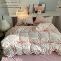 3pcs Pink plaid Duvet Cover Set (1*Duvet Cover + 2*Pillowcase, Without Core),pink Bedding Set