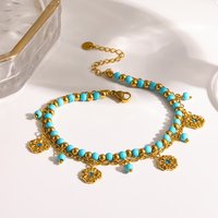 Bohemian Turquoise Beaded Anklet 18K Gold Plated Stainless Steel Fade-Resistant Foot Chain Beach Boho Jewelry for Women Gift