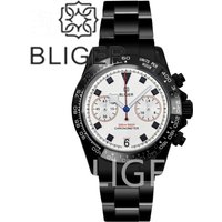 BLIGER 39MM Full Black VK64 Quartz Chronograph Watch For Men Ceramic Bezel Sapphire Glass V2FXD White Dial 6O'clock Waterproof