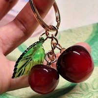 1 Cherry Keychain with Translucent Green Leaves and Red Fruit Embellishments - Gold Ring-Shaped Clasp Suitable for Backpacks, Wallets, Handbags - Women's Portable Keychain Accessory - Mother's Day