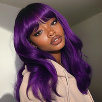 22INCHES T1B/Purple Blue Burg Pink Body Wave Human Hair Wigs With Bangs Fringe 180D Brazilian Hair Full Machine Made Women Wigs