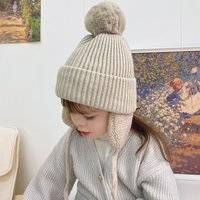 2-8T Babymütze, große Bommelmütze mit Ohrenklappe, Wolle, Plüsch, Kinder, Strickmütze für Mädchen und Jungen, Winter, dick, warm, Kinderzubehör