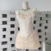 3D Flower Skirt Sets Fashion Fishbone 3D Women Outfit Strap Lace-up Boning Slim Tops & High Waist A-Line Skirt with Shorts Suits