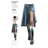 Summer Women Midi Skirt Split Harajuku Denim Skirt Female Gyaru 2000s Aesthetic Japanese Abi Y2k Korean Sexy Coquette Design New