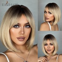 EASIHAIR Short Straight Bob Wigs Brown Blonde Ombre Natural Synthetic Wig for Women with Bangs Cosplay Daily Wig Heat Resistant