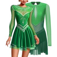 Women Figure Skating Dress Color Block Long Sleeve Sparkly Rhinestones Gymnastics Leotard Dress Ballet Lyrical Dance Costume