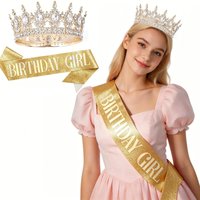 2pcs Birthday Girl Sash & Rhinestone Crown Set Gold Glitter Sash with Crystal Tiara for Women Birthday Party