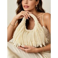 Luxury Handmade Faux Pearl Beaded Evening Clutch, Vintage Fringe Detail Shoulder Bag, Elegant Party Wedding Handbag for Women