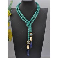 Z13379 39'' 28mm Green Turquoise Blue Drop Round Lapis-Lazuli Gold-Plated Pendant Necklace Custom Jewelry