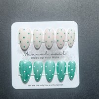 10Pcs Almond Press on Nails, Aurora Mirror Powder with Polka Dot Design, Holographic Chrome False Nails for Women Daily Wear