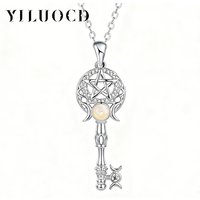 Witchcraft Triple Moon Goddness Key Shape Necklaces Opal Zircons Pentagram Symbol Pendant Witch Amulet Protection Jewelry