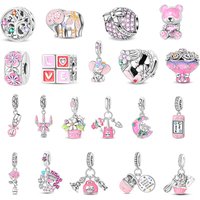925 Sterling Silver Pink Rose Charm Fit Original Bracelet Enamel Flower Bead For Diy Jewelry Valentine'S Day Gift For Lover