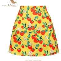 SISHION 50s 60s Vintage Strawberry Print Mini Length Yellow Skirt SS0008 A Line Cotton Short Sexy Summer Women Skirts
