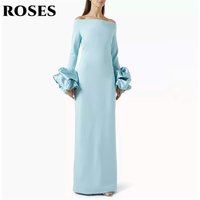 ROSES Light Blue Evening Dress Off Shoulder Formal Gown with Ruffled Bell Sleeve Night Dresses Straight Prom Dresses Customized