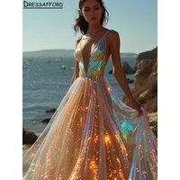 Sparkly Colorful Crystal Spaghetti Straps A-Line Wedding Dresses Deep V-Neck Sleeveless Bridal Gowns