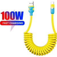 100W Car Spring Data Cable Retractable USB A To Type C Fast Charging Cable 1.2M Short USB Type C Cable for Phone Laptop