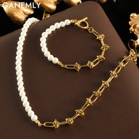GANEMLY 316L Stainless Steel Metal Gold Color Pearls Chain Necklace Bracelet Set For Women Trendy Chains Waterproof Jewelry New