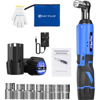 Electric Cordless Right Ratchet 3/8'' 90° Angle Wrench with LED Work Light +7pcs Sockets Set Power Ratchet Wrenches, 2 Battery